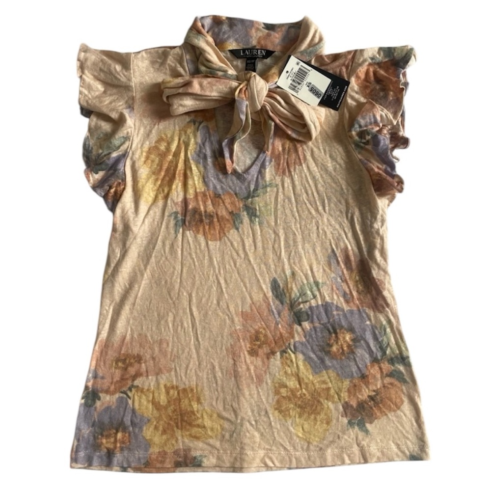 LAUREN Ralph Lauren Top Xs Peach pink flutter sleeves floral Linen blend NWT